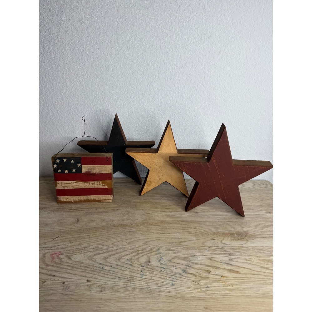 Rustic Wood Americana Decor Set 3 Stars & American Flag Primitive Farmhouse 4pc